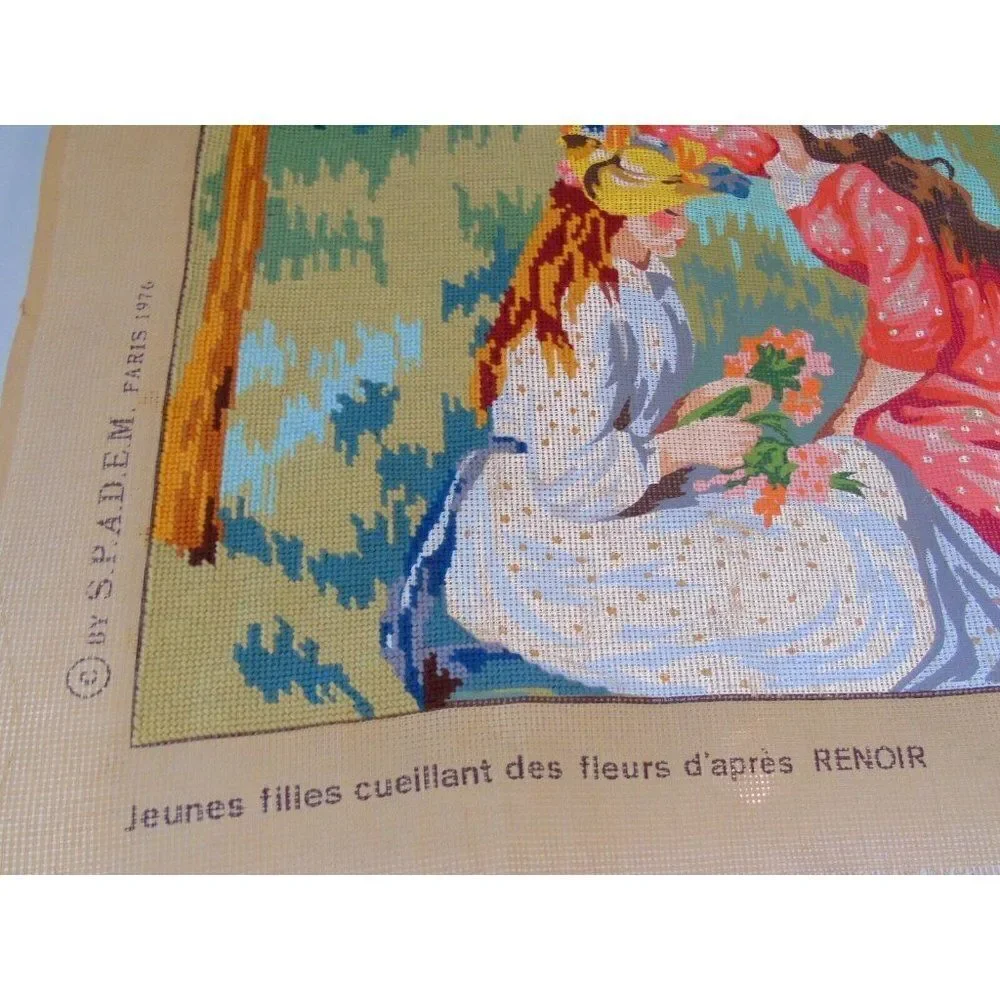 Vintage 1976 Needlework Canvas SPADEM Paris Girls Picking Flowers After Renoir